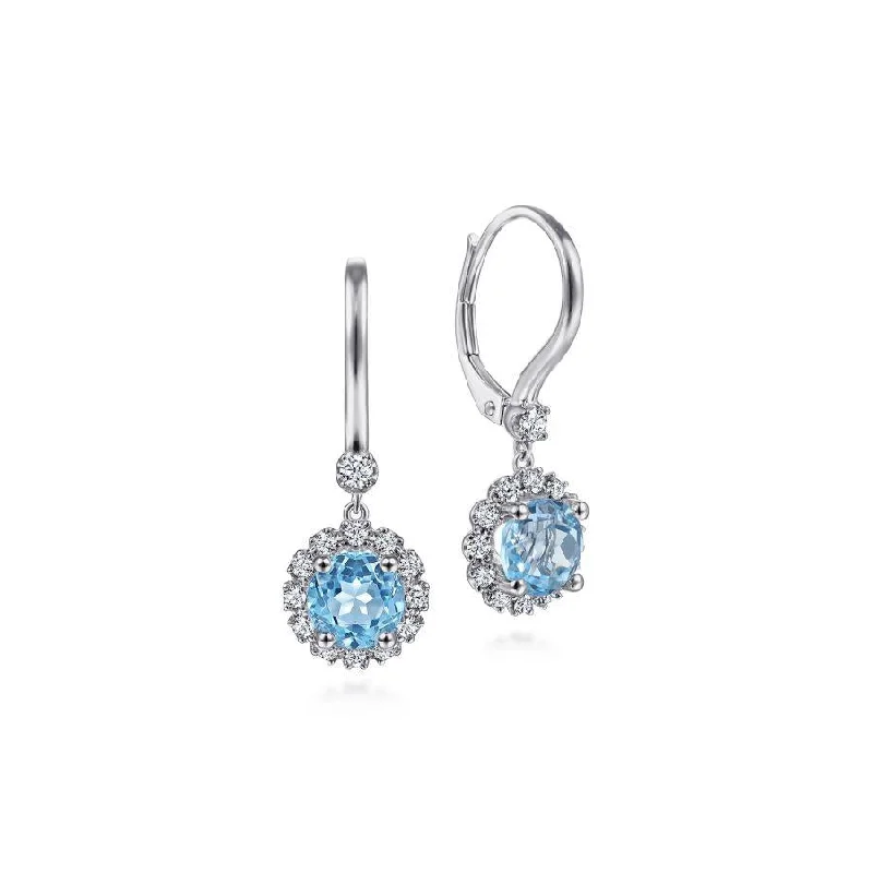 Ladies lush emerald earrings -Gabriel & Co. - EG14267W45BT - 14K White Gold Round Blue Topaz and Diamond Halo Drop Earrings