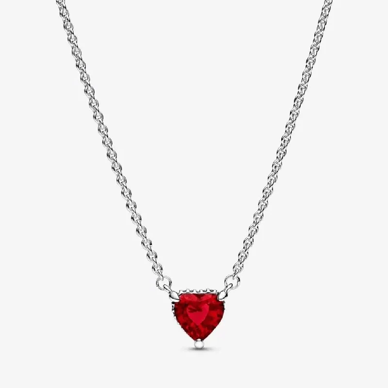 Ladies Necklaces with Red Spinel-PANDORA : Sparkling Heart Halo Pendant Collier Necklace (17.7")