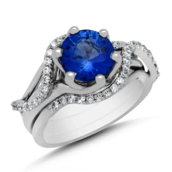 Ladies dog paw wedding rings -Round blue sapphire engagement ring and wedding band