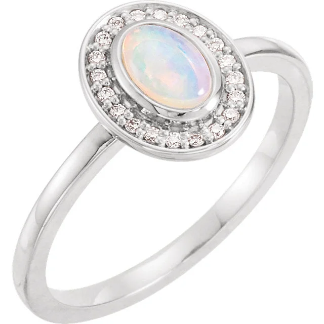 Ladies gleaming platinum rings -14k Gold Oval Genuine Opal Diamond Halo Ring - White, Yellow or Rose or Platinum