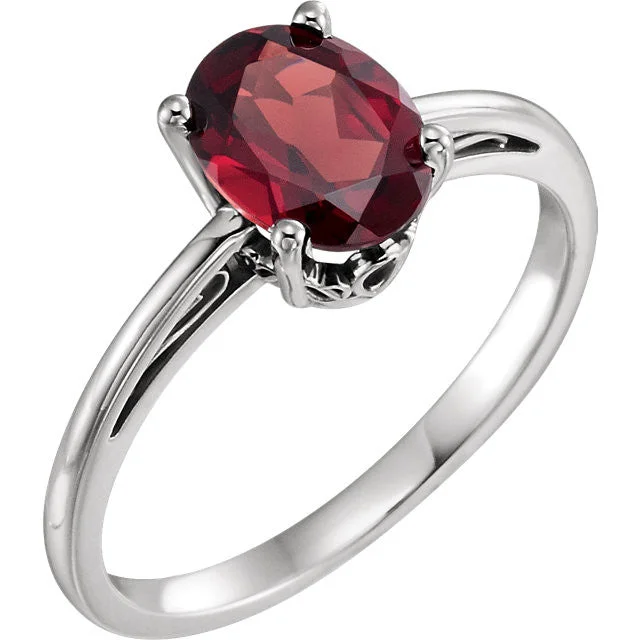 Ladies luxurious gleam rings -14K White Gold Oval Mozambique Garnet Scroll Set Ring