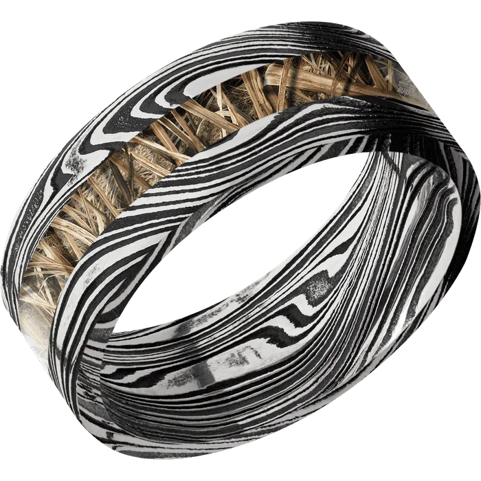 Ladies legacy charm rings -8mm wide Flat Marble Damascus Steel Ring with Tumble Kuro Damascus Finish / One 3mm Centered MossyOak SG Blades Camo Inlay