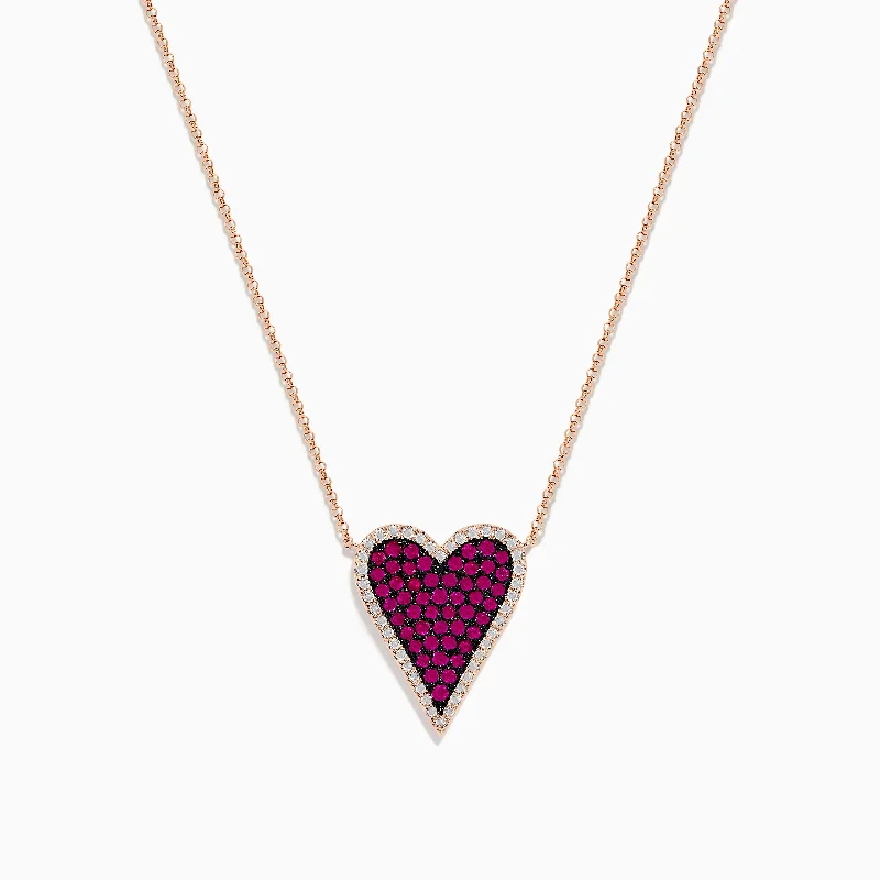 Ladies Necklaces with Clear Natrolite-Ruby Royale 14K Rose Gold Pave Ruby Heart Pendant Necklace