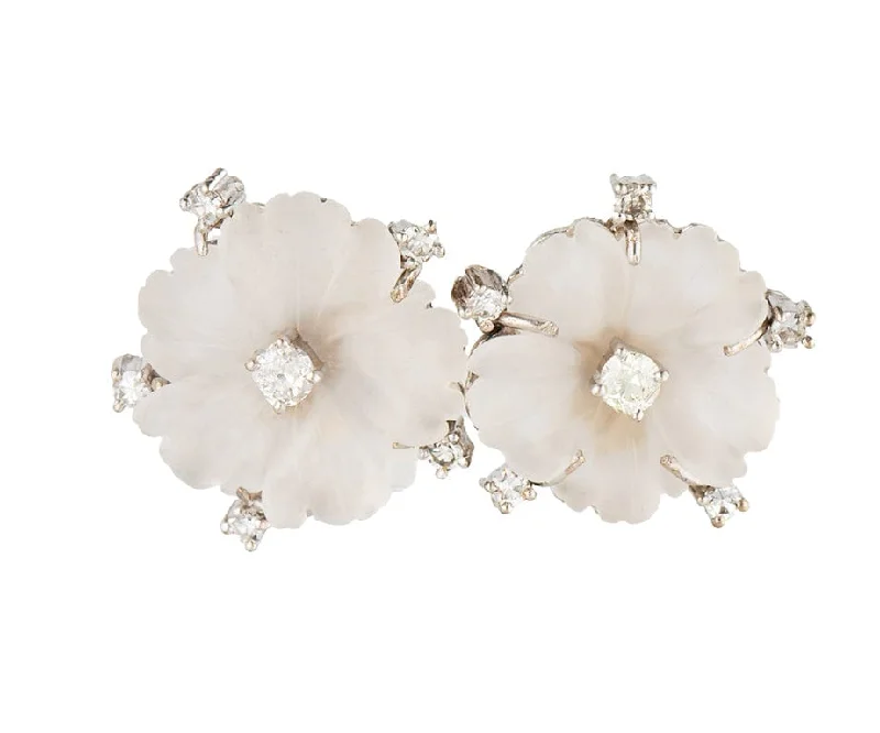 Ladies icy winter earrings -Carved Rock Crystal and 0.35ctw Diamond Flower Earrings in 14K