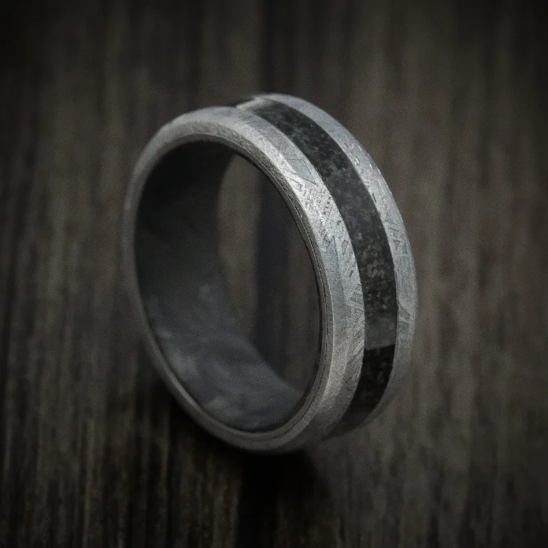 Ladies modern edge rings -Gibeon Meteorite Ring with Dinosaur Bone Inlay and Forged Carbon Fiber Sleeve