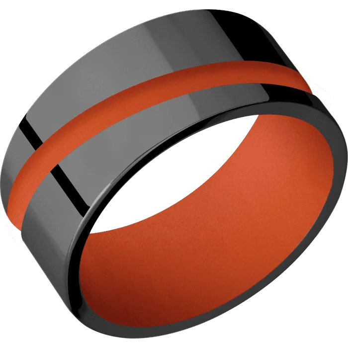 Ladies high sheen rings -10mm wide Flat Black Zirconium Ring with Polish Finish / One 2mm Angled Hunter Orange Cerakote Inlay / Hunter Orange Cerakote Sleeve