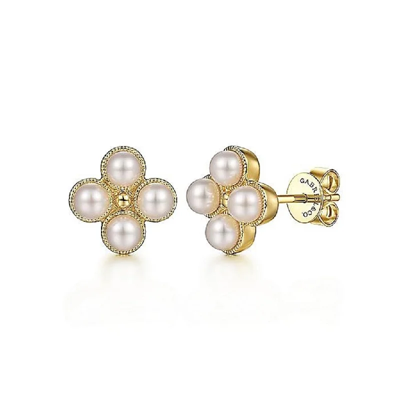 Ladies woodland hue earrings -Gabriel & Co. 14K Yellow Gold Pearl Bujukan Stud Earrings