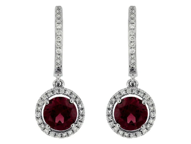 Ladies cat whisker earrings -14k White Gold Rhodolite Garnet and Diamond Halo Dangle Earrings wc6167l