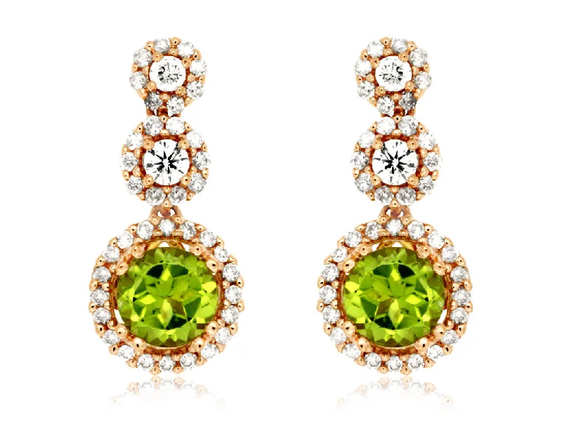 Ladies bright acrylic earrings -14K Rose Gold Round Peridot Diamond Halo Dangle Earrings