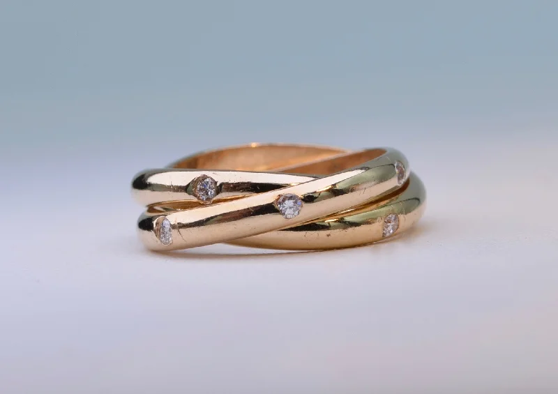 Ladies adjustable gleam rings -14K Yellow gold Cartier-Style roller rings with 4, 5 and 6 diamonds each