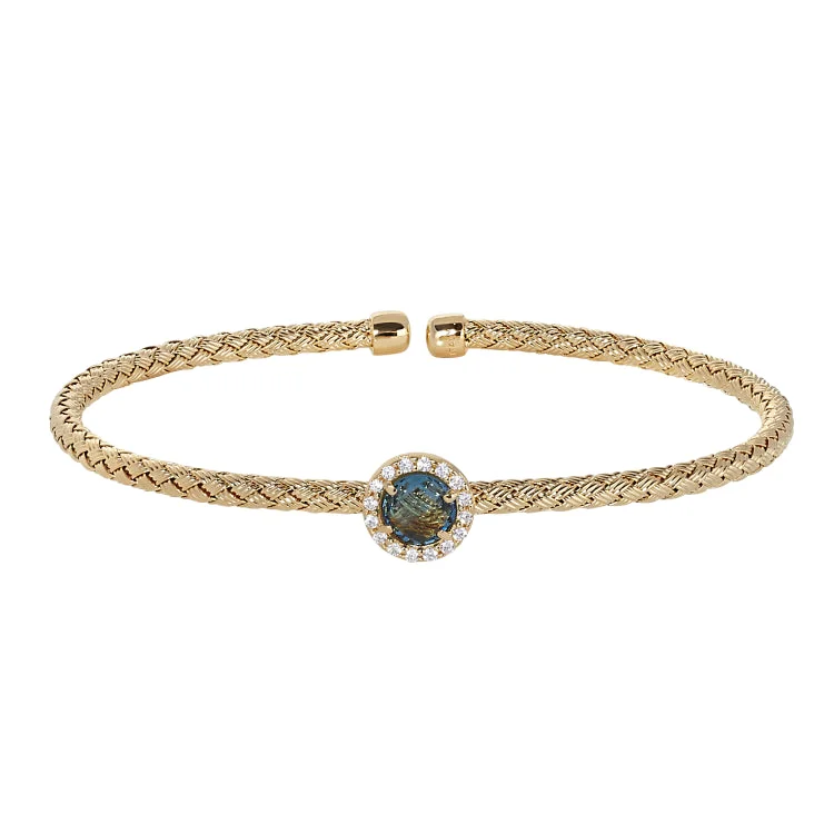 ladies beaded bracelets with patterns -Gold Finish Sterling Silver Basketweave Cable Cuff  Bracelet with a Round Blue Stone and Simulated Diamonds