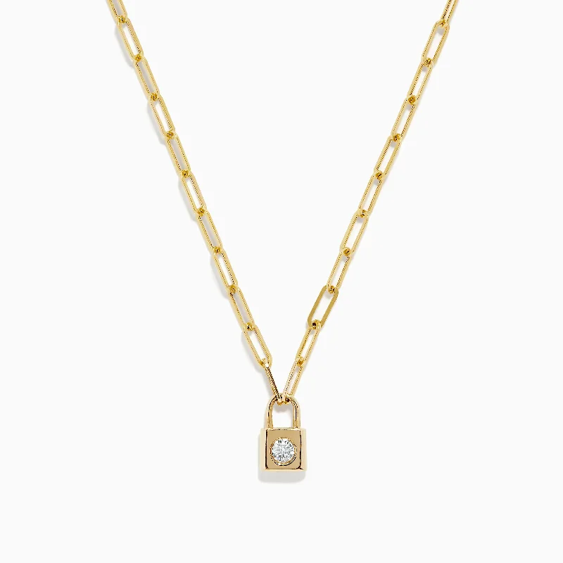 Ladies Necklaces with Arrow Glow-Novelty 14K Yellow Gold Diamond Mini Lock Necklace