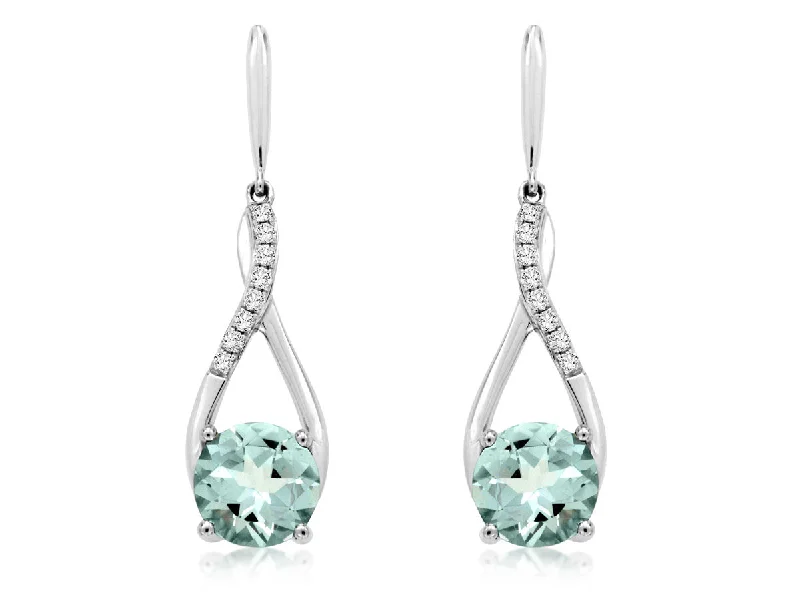 Ladies elephant trunk earrings -14K White Gold Round Aquamarine Diamond Twist Dangle Earrings