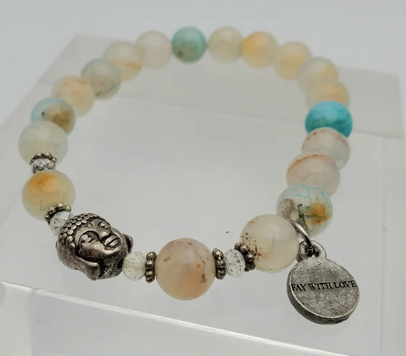 minimalist dot bracelets for women -Dyed Agate and Buddha Head Beaded Stretch Bracelet