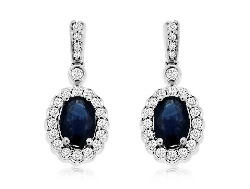 Ladies natural essence earrings -14K White Gold Oval Sapphire with Diamond Halo Dangle Earrings