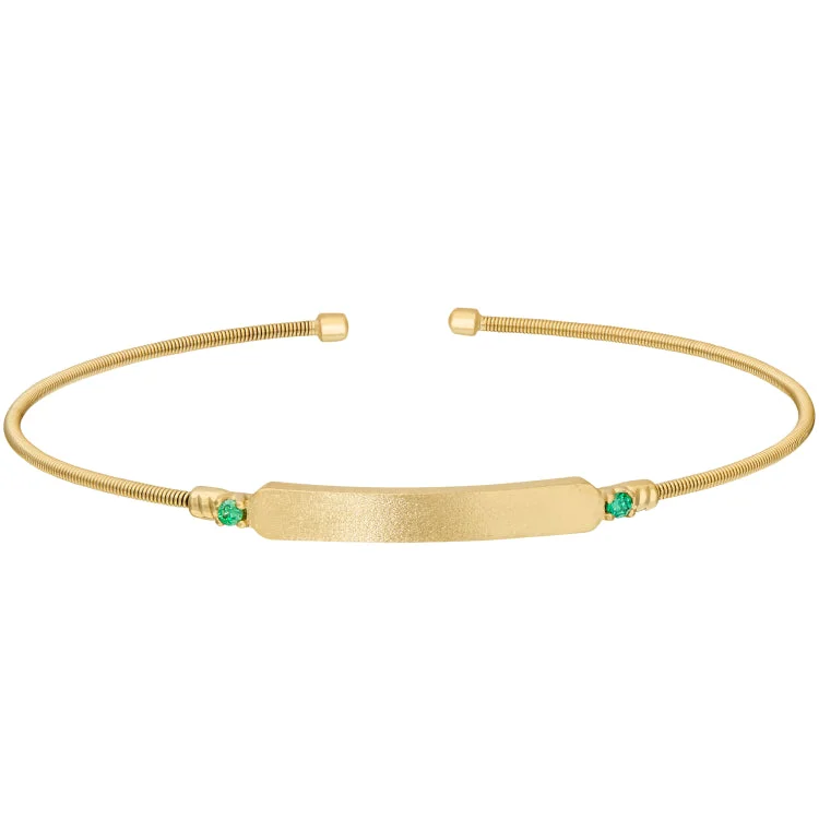 ladies leather cord bracelets -Gold Finish Sterling Silver Cable Cuff Bracelet with Name Plate and Simulated Emerald Birth Gems - May