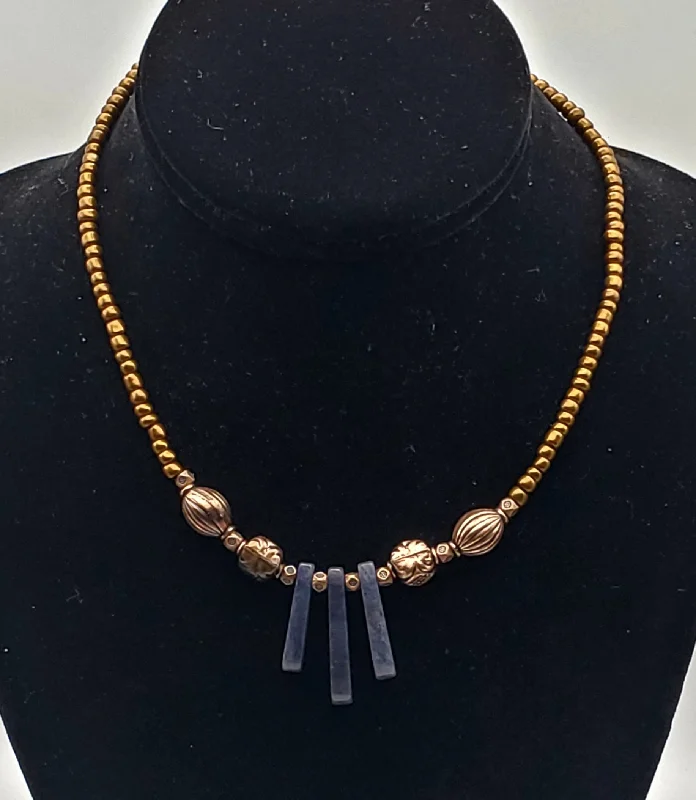 Ladies Necklaces for Aunt Glow-Vintage Copper Bead Necklace with Blue Aventurine Drops - 16"