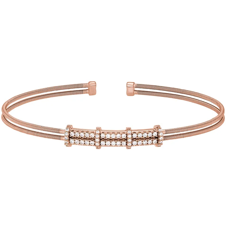 ladies gold bracelets vine patterns -Rose Gold Finish Sterling Silver Two Cable Cuff Bracelet with Two Row Simulated Diamond Pattern