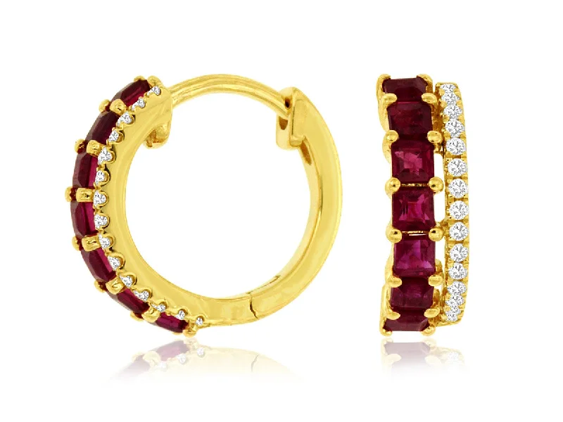 Ladies family glow earrings -14K Yellow Gold Princess Cut Rubies and Diamond Hoop Earrings