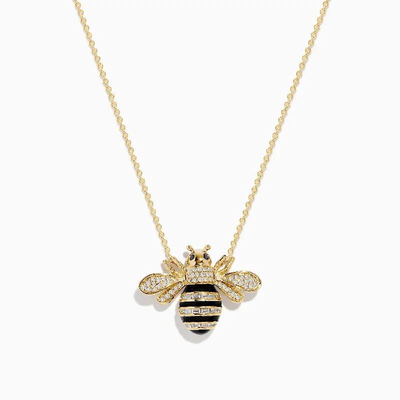 Ladies Necklaces with Angel Shine-Safari 14K Yellow Gold Black and White Diamond Bee Necklace