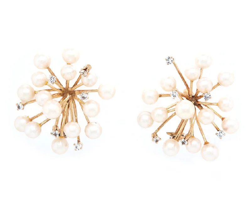 Ladies country grace earrings -Pearl and 0.30ctw Diamond Cluster Spike Clip On Earrings in 14K