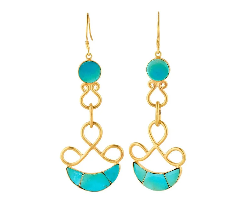 Ladies initial glow earrings -Turquoise Inlay Moon Phase Dangle Earrings in 18K