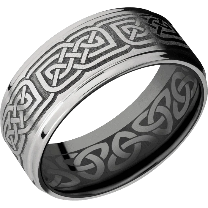 Ladies dazzling shimmer rings -9mm wide Flat Grooved Edges 10k White Gold Ring with Satin Finish / Celtic 17 Design / Black Zirconium Sleeve / None Interior Pattern