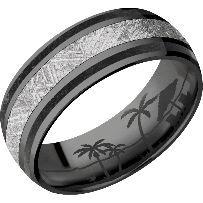 Ladies snug fit rings -8mm wide Domed Black Titanium Ring with Polish Finish / Two 1mm Wide Black Dinosaur Bone Inlay / One 3mm Centered Meteorite Inlay / None Interior Pattern