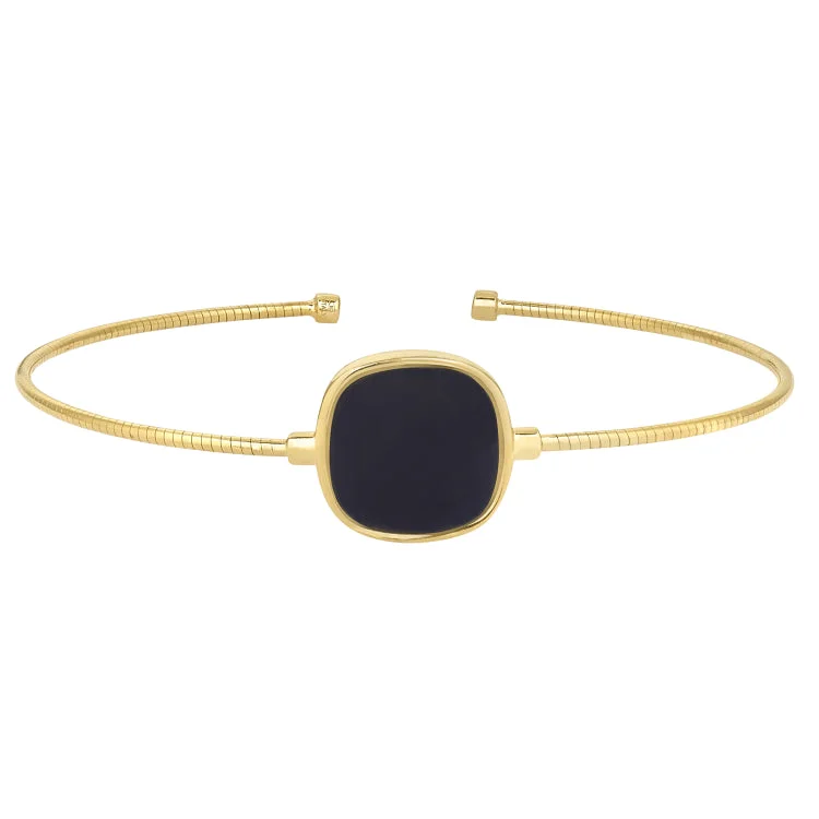 vintage gold tone bracelets for women -Gold Finish Sterling Silver Rounded Omega Cable Cuff Bracelet with a Cushion Cut Black Murano Glass Stone