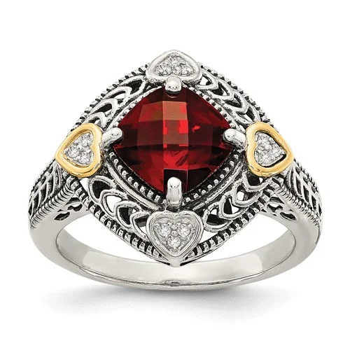 Ladies bespoke artisan rings -Shey Couture Sterling Silver w/ 14k Gold Accents Cushion Garnet Ring