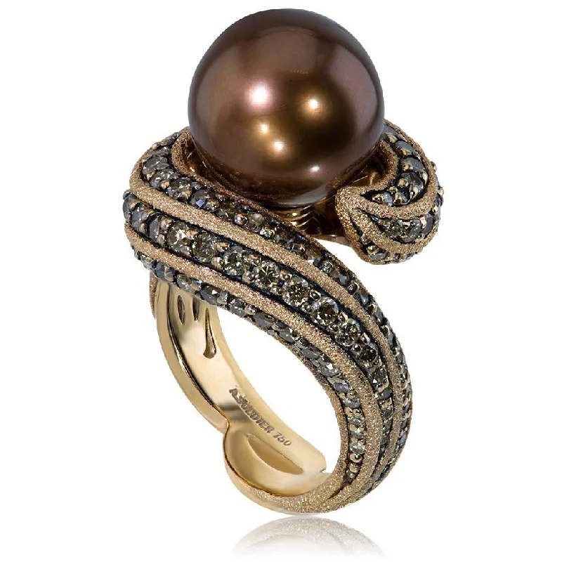 Ladies natural essence rings -Gold Twist Ring With Chocolate Pearl & Diamonds