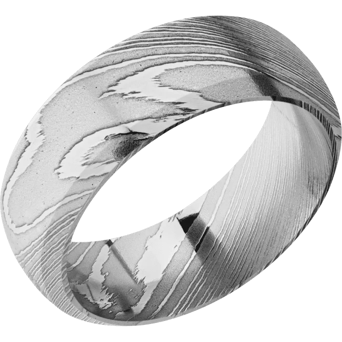 Ladies single glow rings -8mm wide Domed Bevel Damascus Steel Ring with Polish Damascus Finish