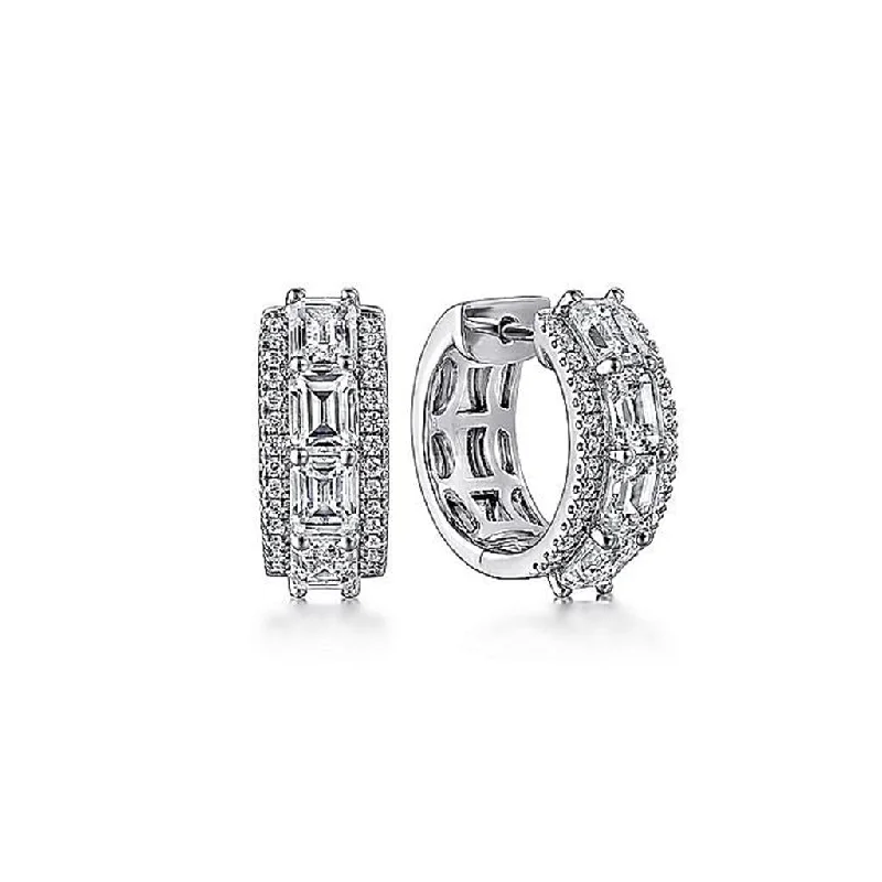 Ladies crisp white gold earrings -Gabriel & Co. 18K White Gold Emerald Cut and Round Diamond Hoop Earrings - 2.67cttw