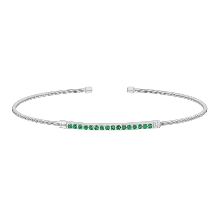 fringe detail bracelets for women -Rhodium Finish Sterling Silver Cable Cuff Bracelet with Simulated Emerald Birth Gems - May