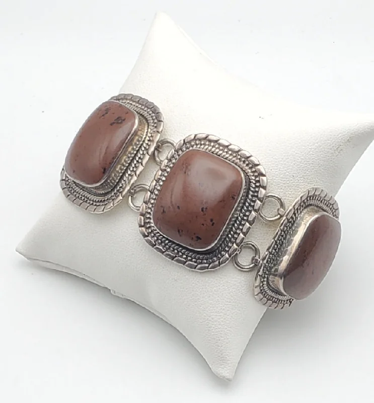 ladies white gold bracelets elegant -Large Sterling Silver Polished Mahogany Obsidian Bracelet - 8"