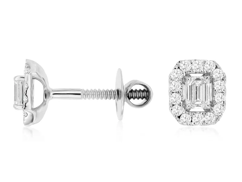 Ladies hippie soul earrings -14K White Gold Emerald Cut Diamond with Round Diamond Halo Stud Earrings