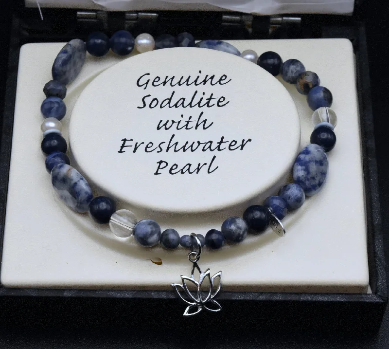 vintage bracelets for women retro design -Vintage NIB Sodalite, Freshwater Pearl and Sterling Silver Beaded Stretch Bracelet