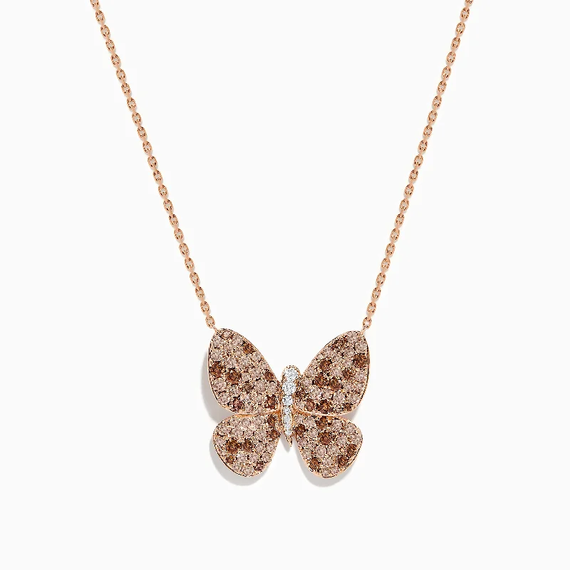 Ladies Necklaces with Pink Tourmaline-14K Rose Gold Brown and White Diamond Butterfly Necklace