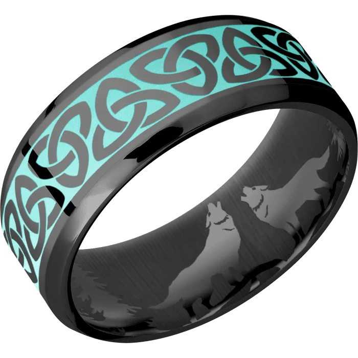 8mm wide Beveled Black Titanium Ring with Polish Finish / Celtic Trinity Design and Robins Egg Blue Cerakote Accents / None Interior Pattern