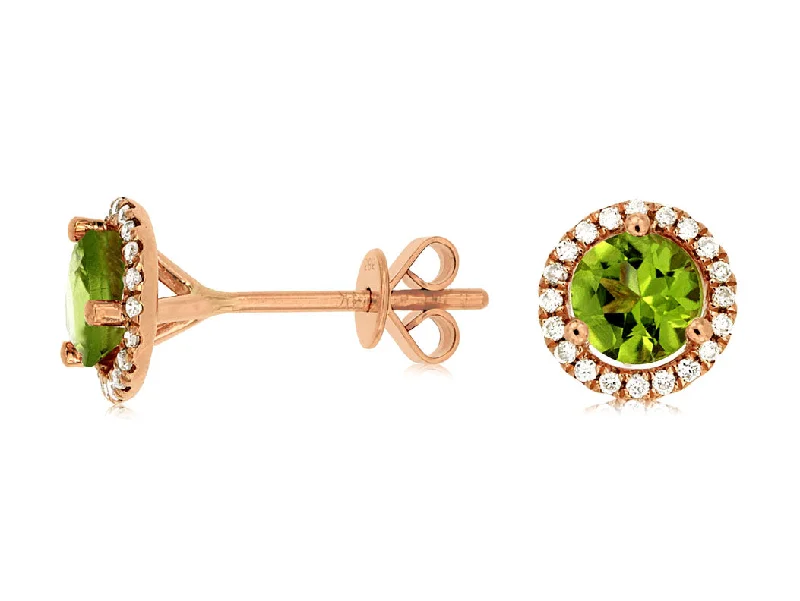 Ladies artistic abstract earrings -Rose Gold Round Peridot Diamond Halo Stud Earrings