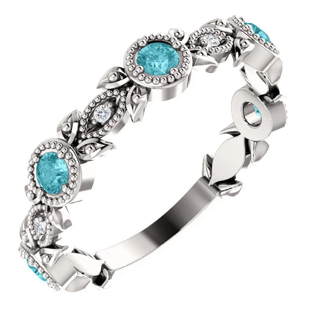 Ladies glistening silver rings -14K White Gold Genuine Blue Zircon & .03 CTW Diamond Leaf Ring