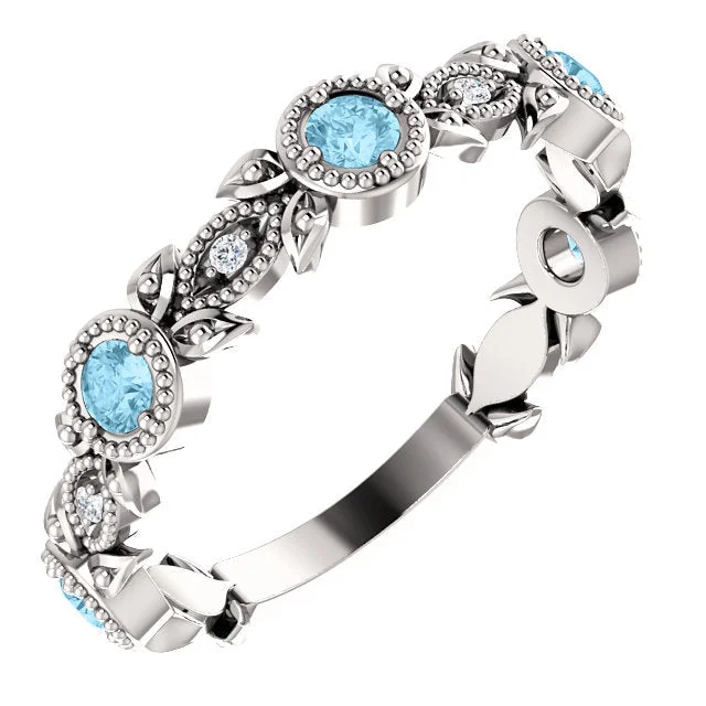 Ladies birthstone shine rings -14K White Gold Aquamarine & .03 CTW Diamond Leaf Ring