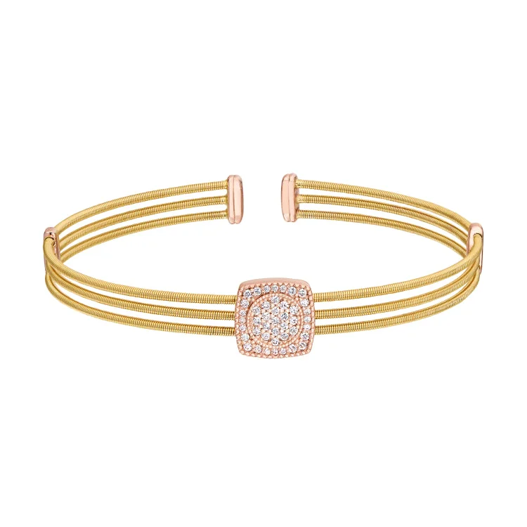 silver floral charm bracelets for women -Gold Finish Sterling Silver Three Cable Cuff Bracelet with Rose Gold Finish Simulated Diamond Circle In Square