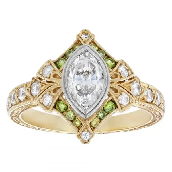 Ladies cat whisker wedding rings -Marquise engagement ring with green diamonds and engraving