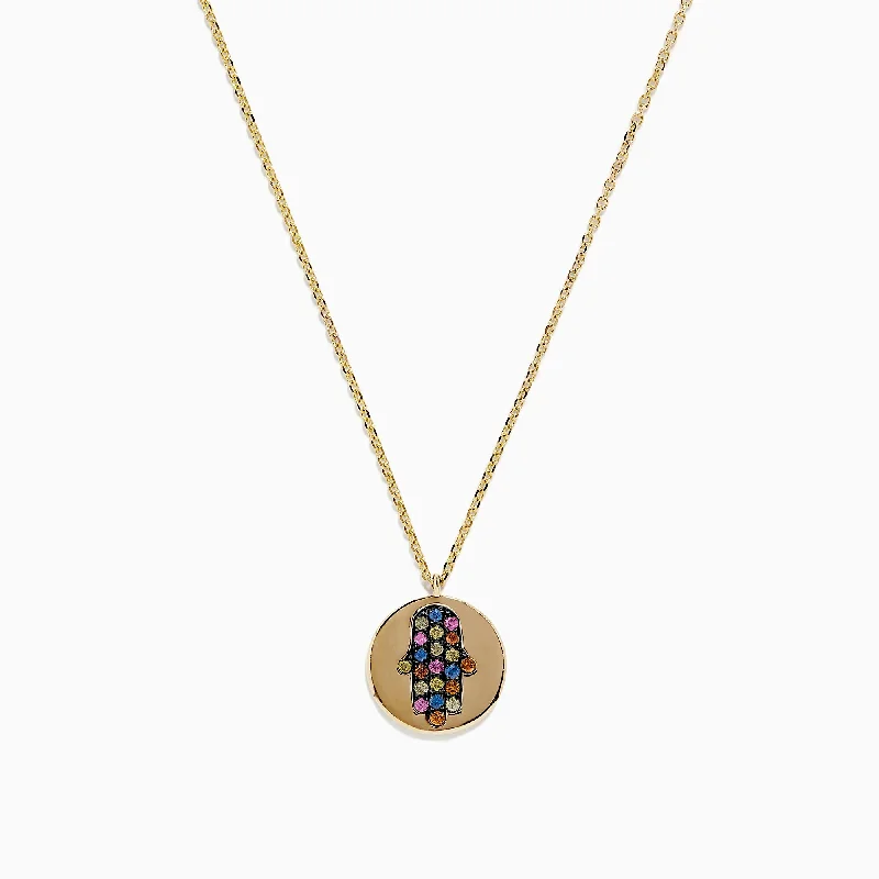 Ladies Necklaces for Activist Shine-14K Yellow Gold Multi Sapphire and Diamond Hamsa Necklace, 0.33 TCW