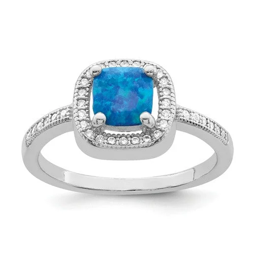 Ladies eternal infinity rings -Sterling Silver Blue Cushion Square Created Opal and CZ Halo Ring