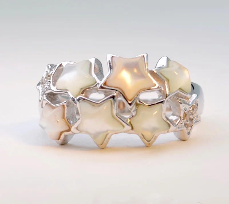 Ladies dreamy moonstone rings -Mother-of-Pearl Stars and Diamond Ring in 14K White Gold