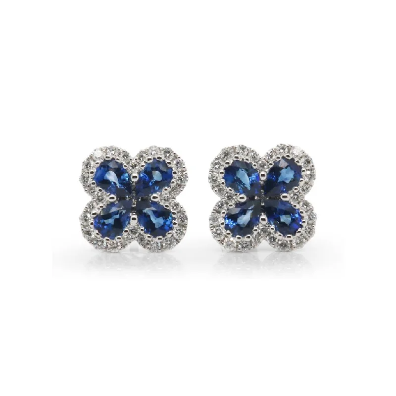 Ladies dreamy spark earrings -14k White Gold Blue Sapphire & Diamond Clover Earrings