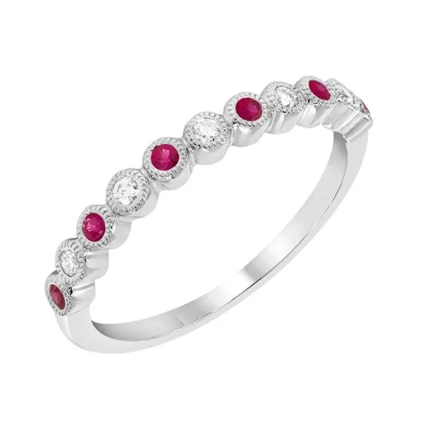 Ladies family glow rings -14k White Gold Round Alternating Genuine Diamond And Ruby Anniversary Ring