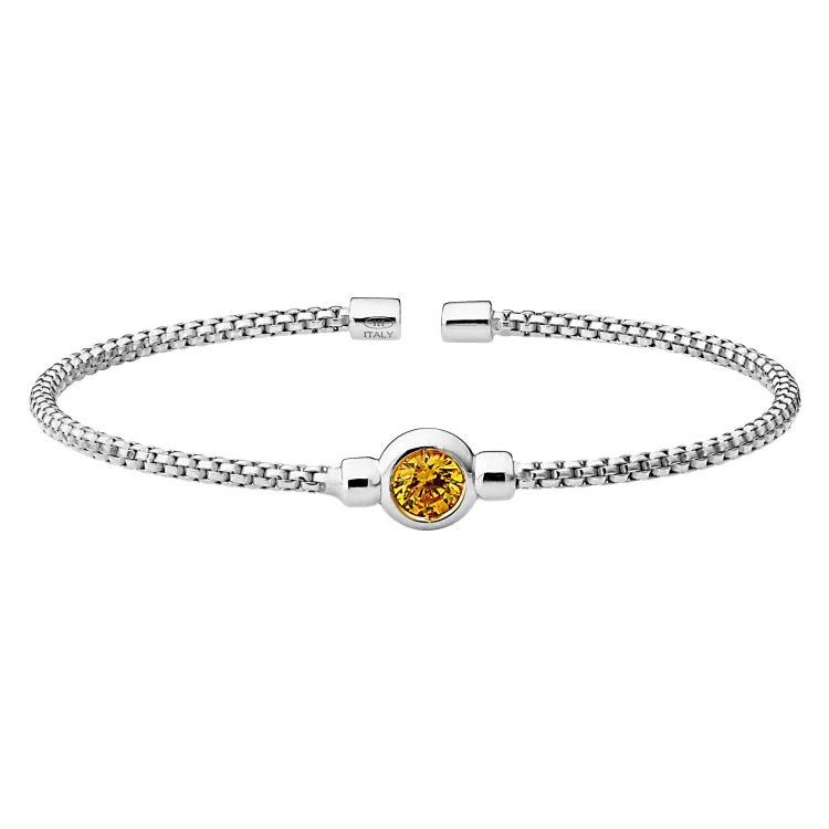 silver floral charm bracelets for women -Rhodium Finish Sterling Silver Rounded Box Link Cuff Bracelet with Bezel Set Simulated Citrine Birth Gem